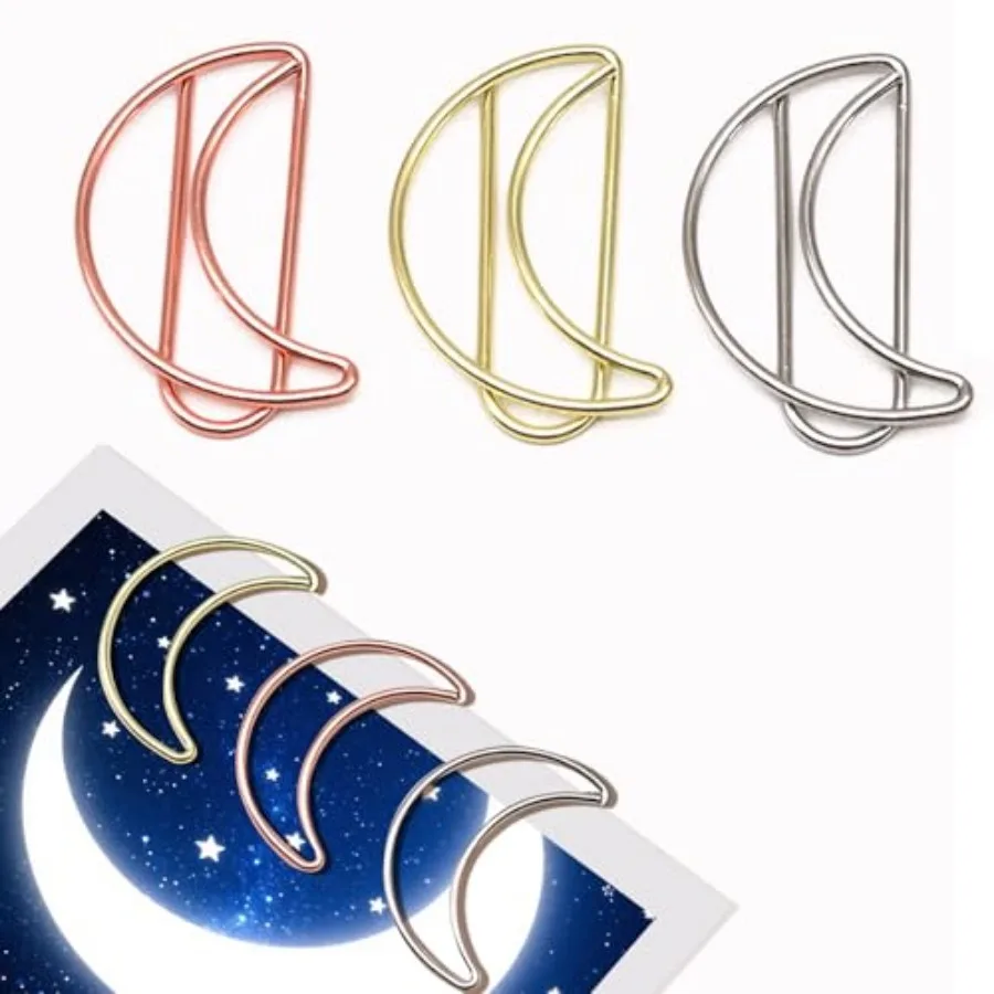 

30 Pcs Cute Funny Decorative Moon Paperclips in Gold, Rose Gold, and Silver - Metallic Colors Paper Clips for School, Office Su