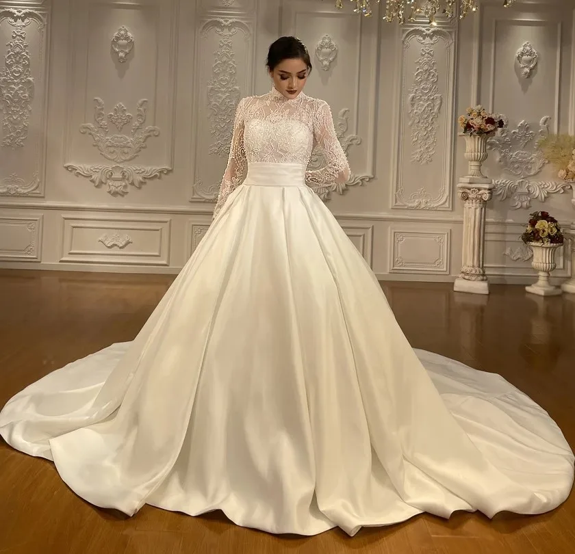 

High End Church Wedding Dress 2026 High Neck Long Sleeves Lace Satin Train Bridal Gowns Bride Dresses Vestidos De Noivas
