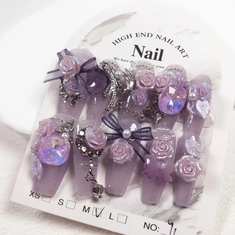 

10PC Luxurious Handmade Press On Nails with Purple Rose and Bow Decorations Reusable Nail Tips for Parties and Special Occasions