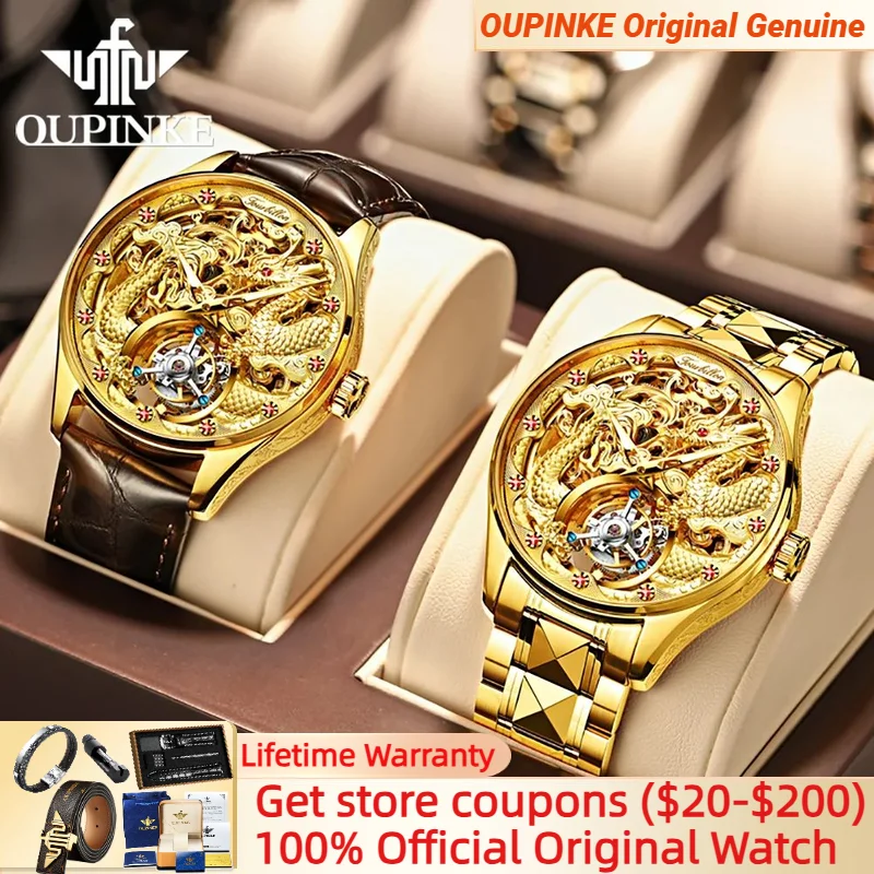 

OUPINKE 3176 Golden Dragon Watch Men's Luxury Tourbillon Watch Ruby Hollow Dial Top Quality Automatic Wristwatches for Men