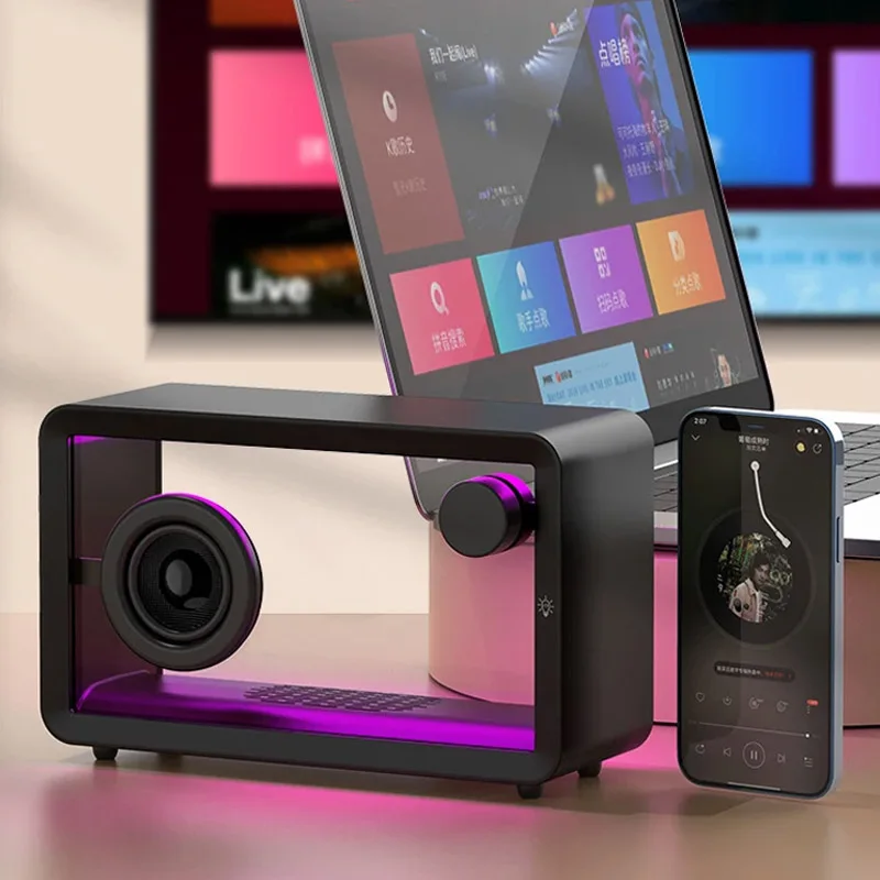 

Portable Transparent Bluetooth Speaker Vintage Surround Sound Audio System Wireless MP3 Music Player with RGB Atmosphere Light