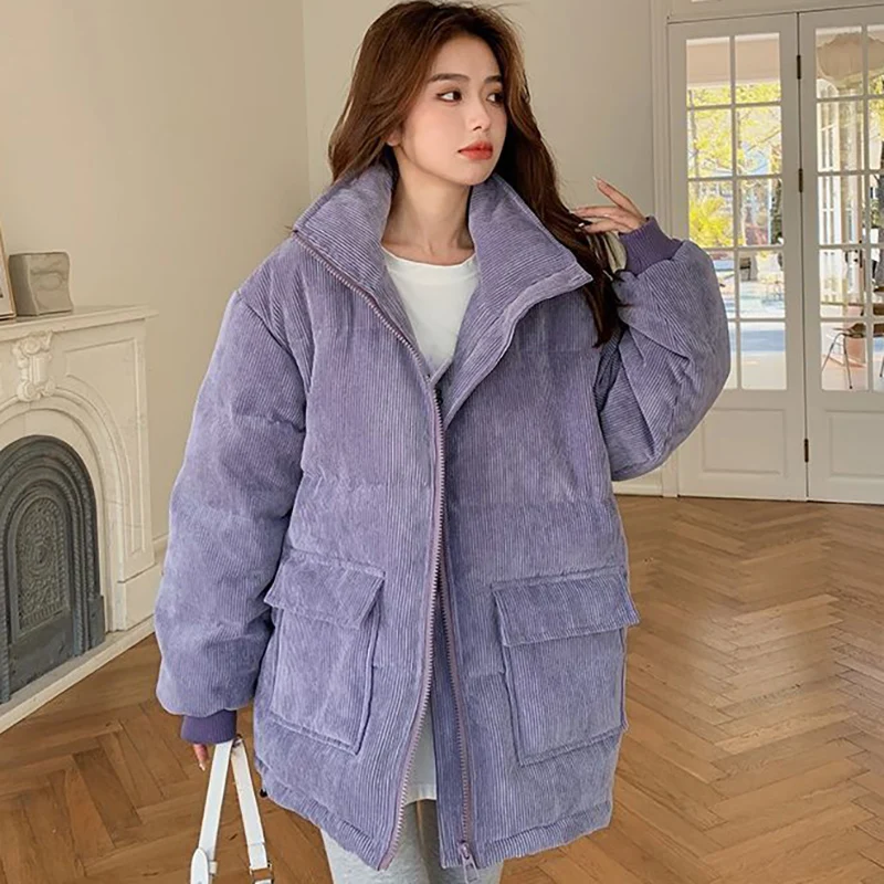 Winter Women Loose Corduroy Down Cotton Jacket Korean Elegant Fashion Simplicity Thicken Bread Coat 2023 Lady Casual Warm Parkas