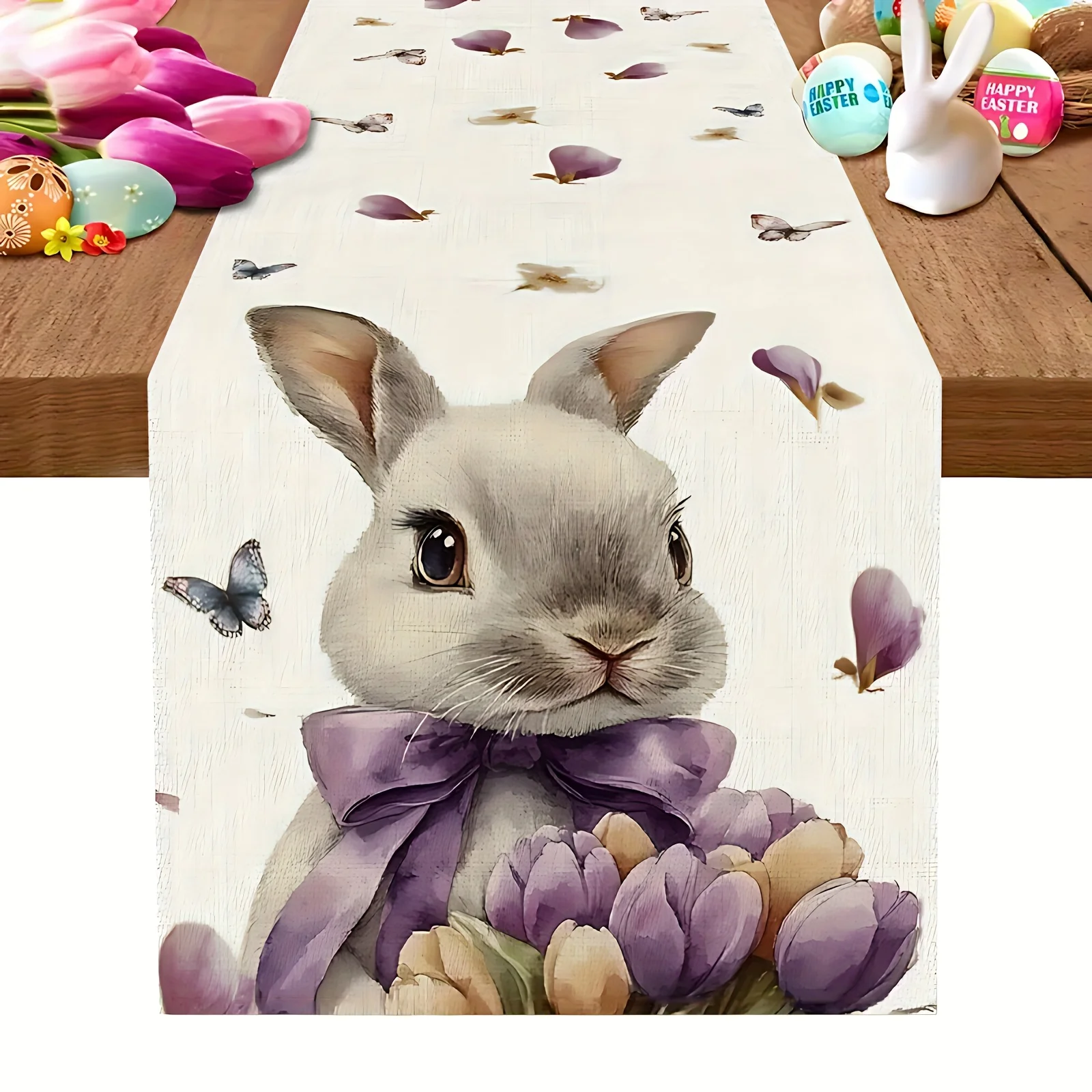 1 Stück Oster-Tischdecke mit niedlichem Hasen- und Blumenmuster, Polyester, rechteckig, ideal für Geschenke und Feiertagsdekoration