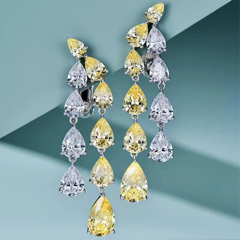 Luxury 100% 925 Real Silver Topaz High Carbon Diamond Tassel Dangle Drop Earrings for Women Gemstone Wedding Party Fine Jewelry