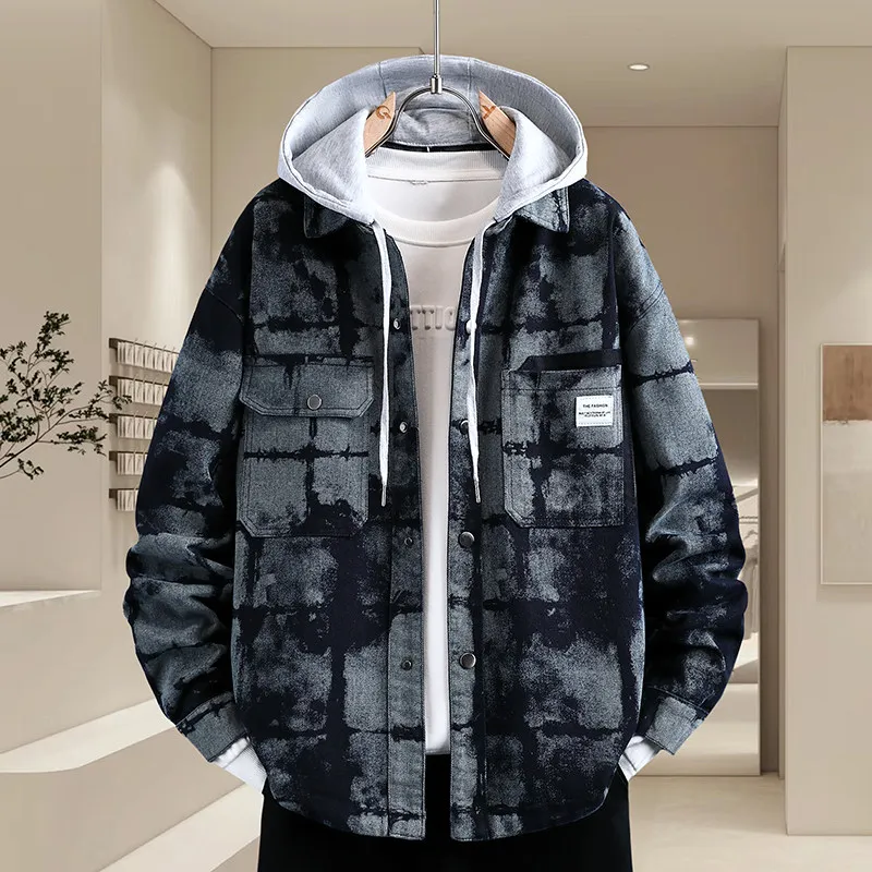 

Повседневная стильная мужская джинсовая куртка с капюшоном, весенняя модная куртка с принтом, универсальная трендовая уличная ветрозащитная куртка с длинными рукавами