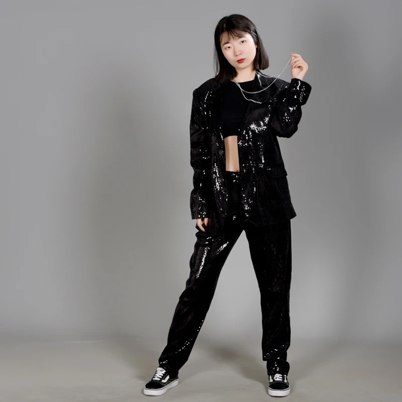 Red Black Sequin Coat Pants Hip Hop Clothing For Women Grooup Jazz Performance Dance Costumes Nightclub Ds Dj Rave Outfit XS5360