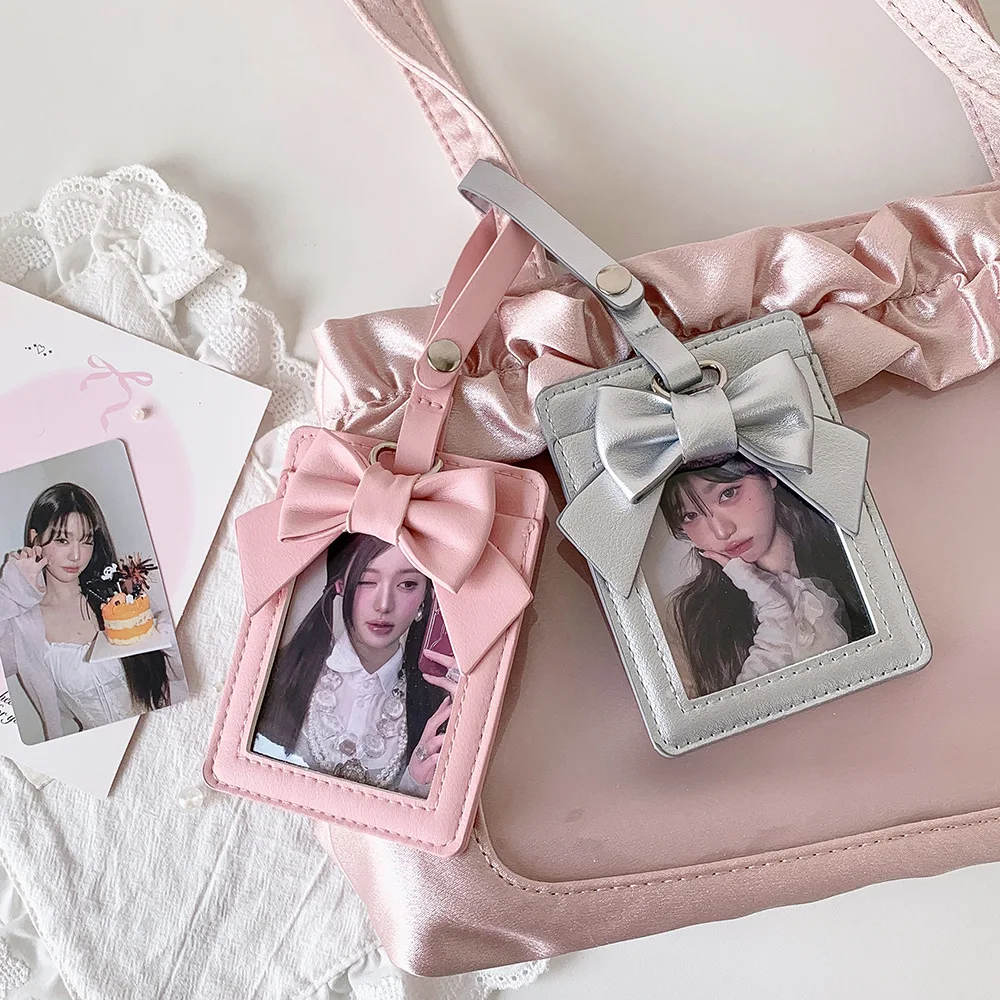 Kpop Korean Style Solid Color Bow 3-Inch Photo Card Holder Fashion Girl Backpack Pendant Keychain Decoration Idol Card Bag Gifts