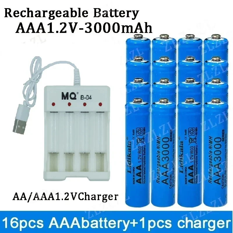 NEW High Quality 1.2V Rechargeable Battery, AAA3000 Battery+USBcharger, Alkaline Technology, for Remote Control, Toys/computer