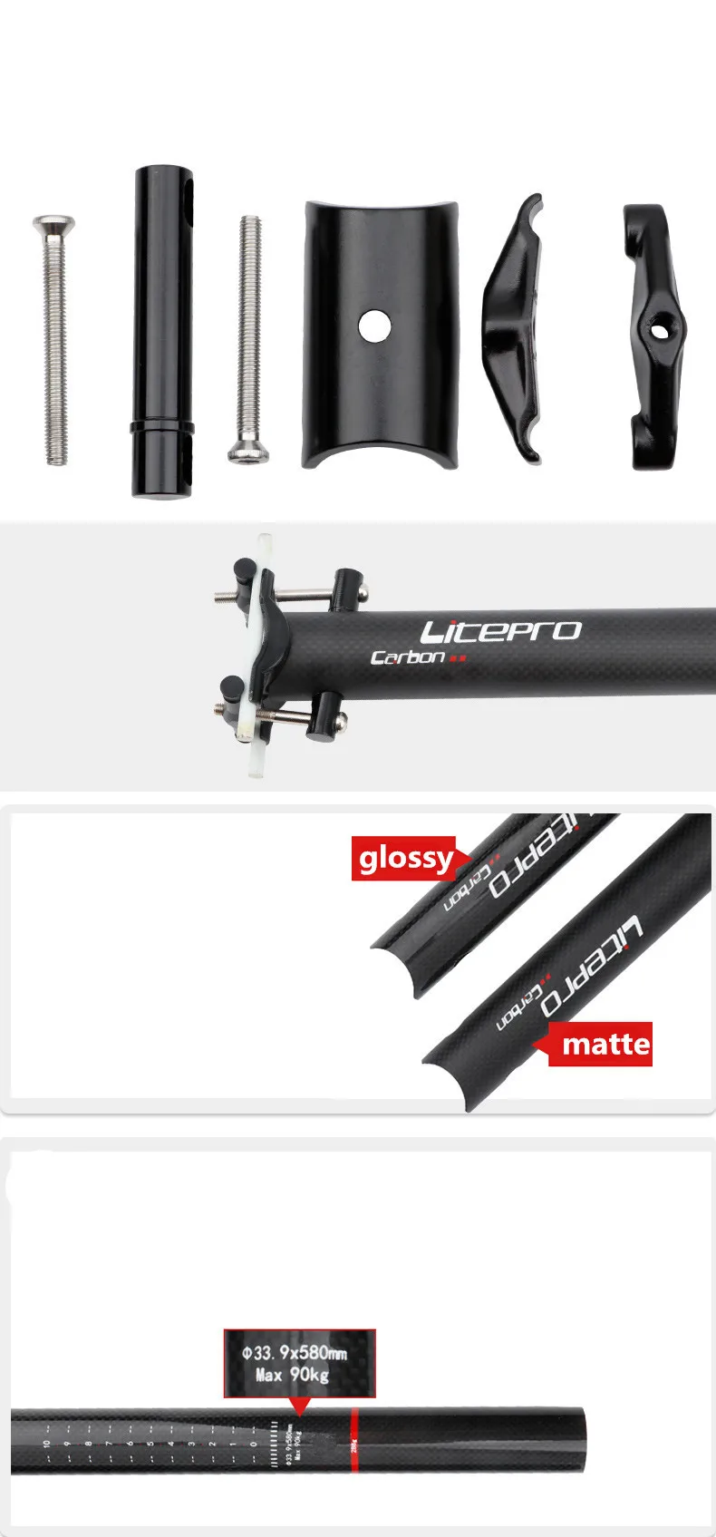 Litepro Faltfahrrad Carbonfaser-Sattelstütze 31,8/33,9mm*580MM für Brompton 412 SP8 Fnhon Fahrrad-Sattelstütze – Detail 5