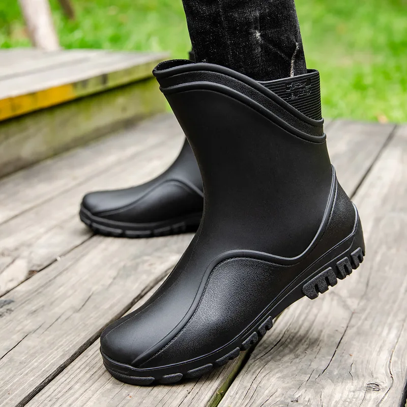 British Fashion Mid-Calf Fleece Lined Men's Rain Boots Anti-Slip Waterproof Warm Kitchen Work Boots Fishing Car Wash