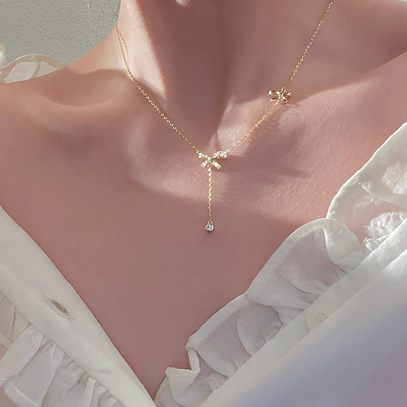 Fashion Zircon Bow Pendant Necklace For Women Exquisite Crystal Bowknot Tassel Clavicle Chain Necklace Jewelry Birthday Gifts