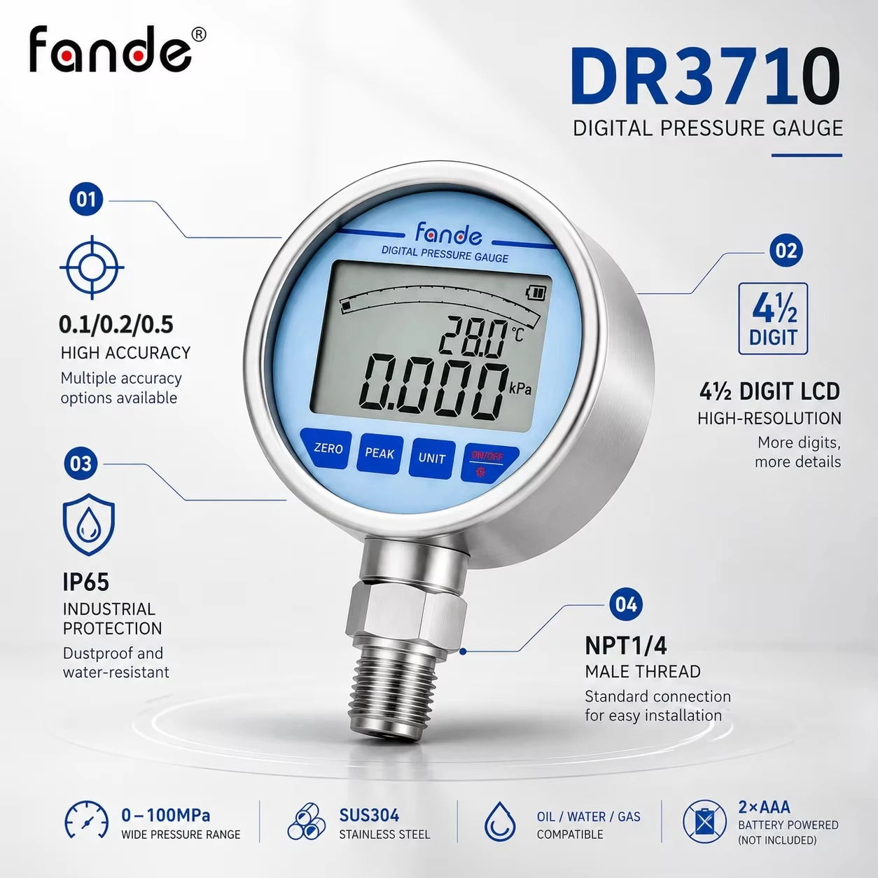 High Precision Digital Manometer ±0.1%FS 0.2%FS 4.5-Digit LCD NPT1/4 Stainless Steel Meter for Hydraulic Pneumatic Fluid Testing