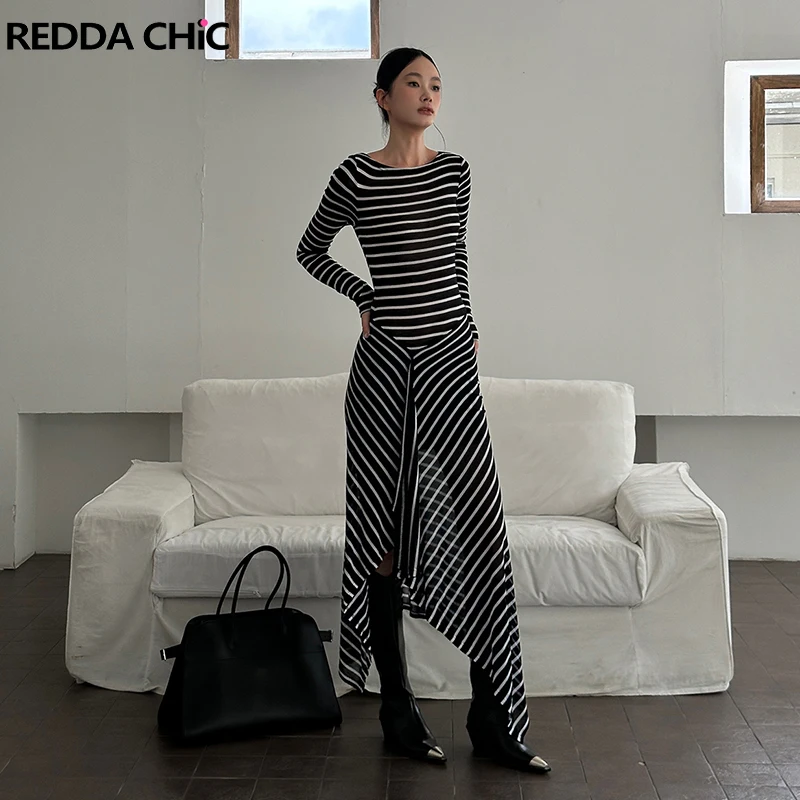 ReddaChic Bicolor Striped Maxi Long Dress Women Long Sleeves Boat Neck Knitted Slim Irregular One-piece Going Out Casual Clothes