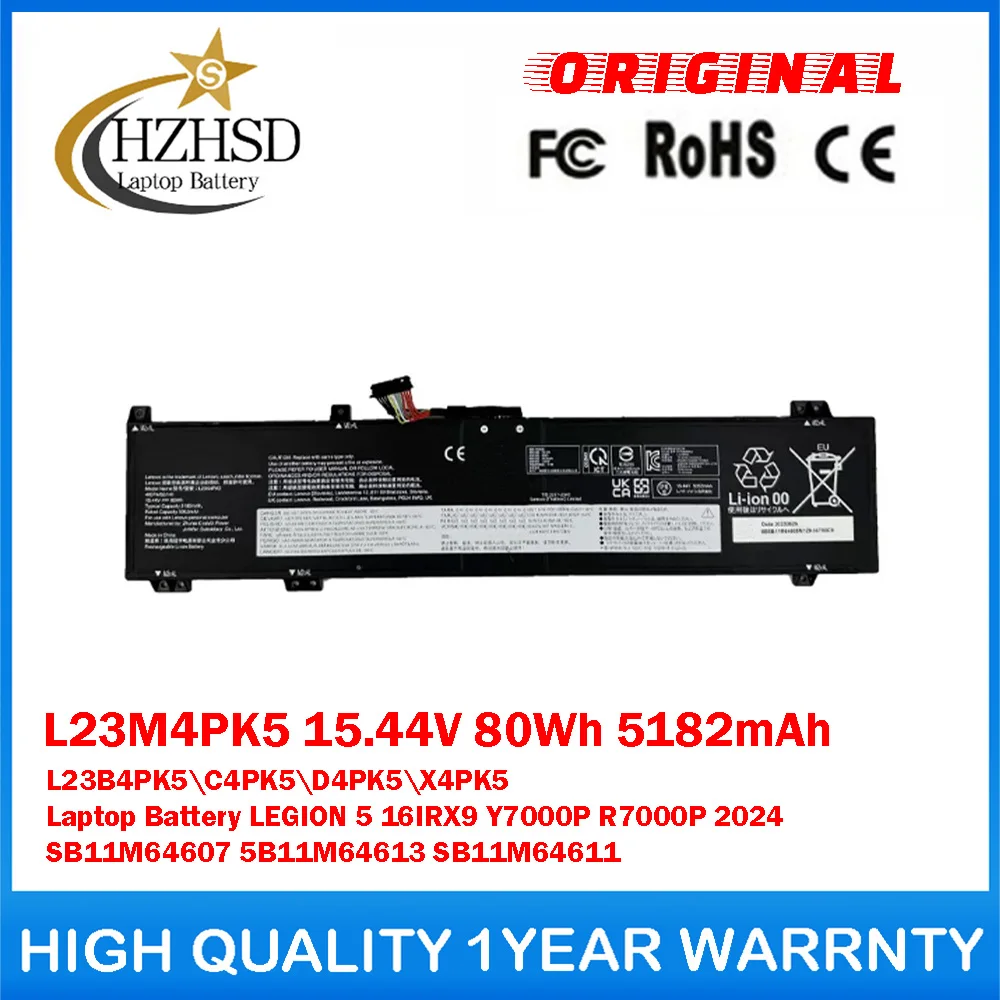 L23M4PK5 15.44V 80Wh 5182mAh L23B4PK5\C4PK5\D4PK5\X4PK5 Genuine Original Laptop Battery For Lenovo LEGION 5 16IRX9 Y7000P R7000P