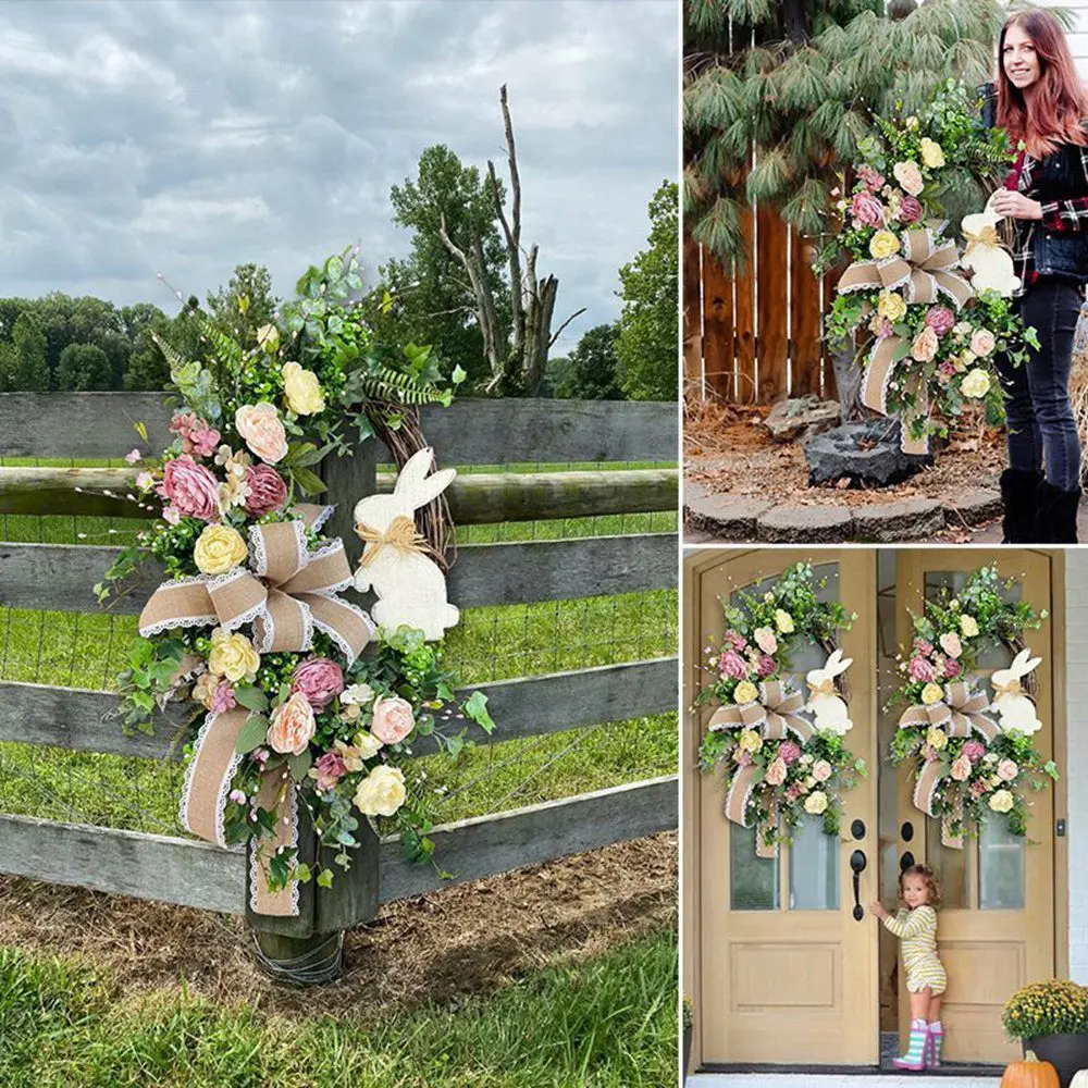 

BOFO Easter Rabbit Front Door Wreath for Front Door,Easter Bunny Butt Shape Garland Wall Decor Spring Wreath Decoration