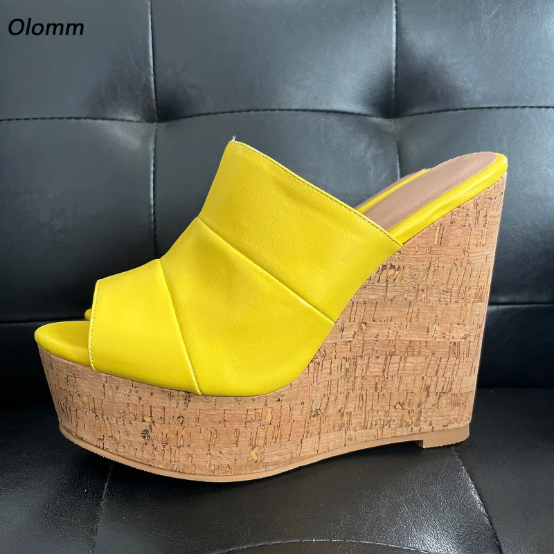 

Olomm Women Platform Mules Sandals Flip Flop Sexy Cork Wedges Heels Round Toe Beautiful Yellow Casual Shoes US Plus Size 5-20