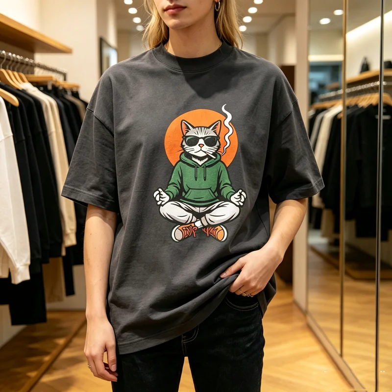 Cool Meditating Cat With Sunglasses Cigarette Graphic T Shirt Men Women Cotton Short Sleeve Tee Hip Hop Streetwear Casual