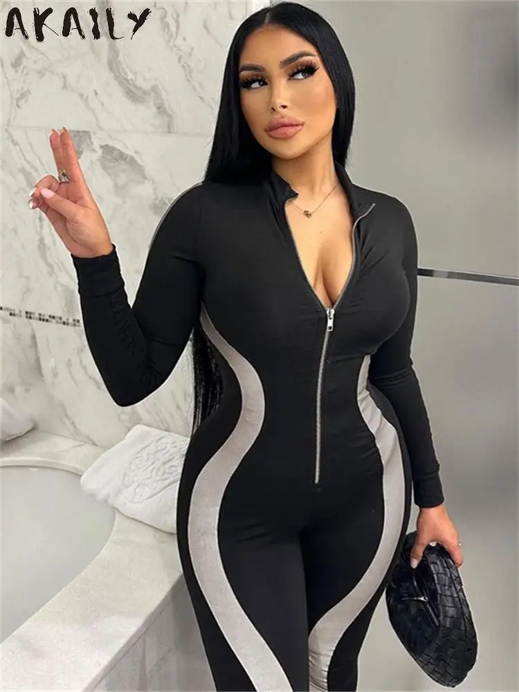 

Akaily Fall Winter Black Patchwork Bodycon Yoga Jumpsuit Causal Sporty Outfits For Women 2023 Fashion Zip Long Sleeve Activewear