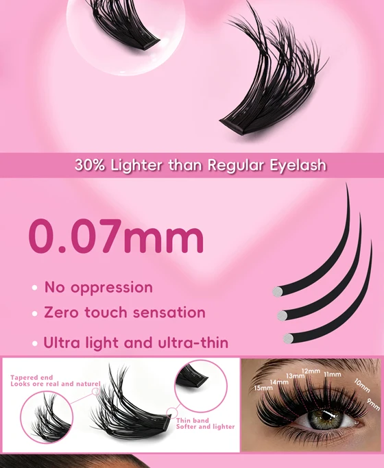 10 Reihen, 200 Cluster mit 3D-Wimpern, Make-up-Wimpern, natürliche und flauschige Wimpern, persönliche, leicht zu entblättende Wimpern, 9–15 mm – Detail 4