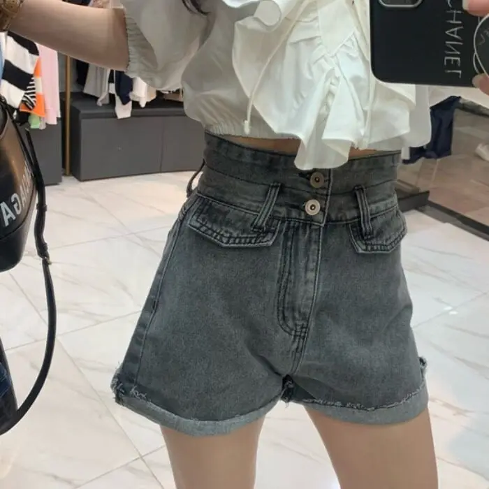 

Fashionable High Waist A-Line Denim Shorts Asymmetrical Hem Vintage Washed Casual Style Women's Summer Jeans Shorts