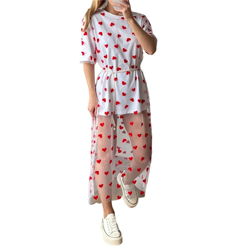 【D75C】Dames casual los T-shirt met ronde hals, gesplitst mesh, liefdesprint, lange maxi-vakantiejurk