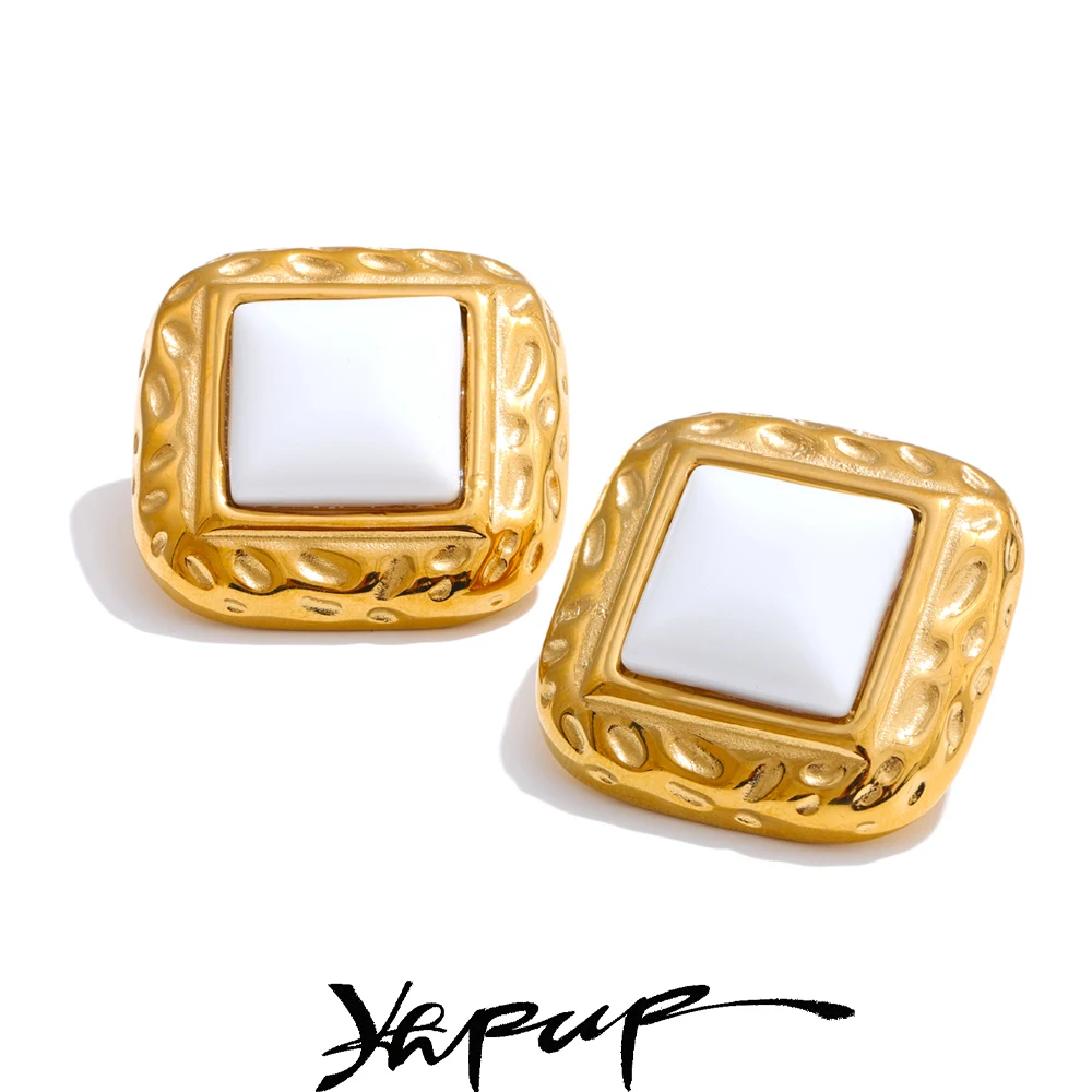 Yhpup 3.0*3.0mm White Natural Stone Square Stud Earrings Waterproof Classic Vintage Fashion Stainless Steel Golden Charm Jewelry