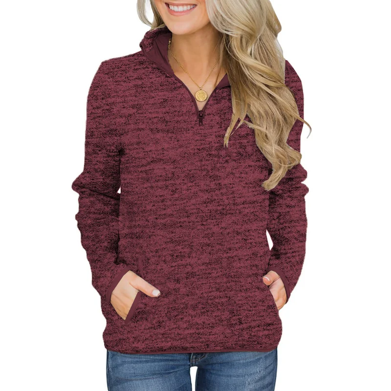 

European And American Solid Color Long Sleeve Hoodie Fashion Spring Autumn New Style Zipper Half Placket Versatile Womens Top