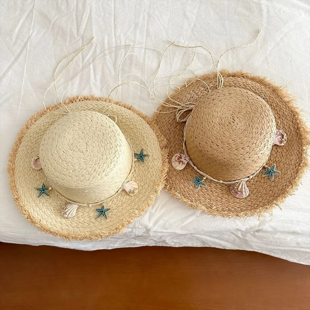 2026 Kids Beach Straw Sun Hat Seashell Decor Wide Brim Hat for 3-6Y Girls Vacation Style Outdoor Children Hat