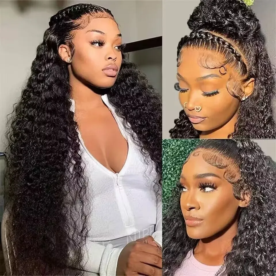 200 Density 13X6 Transparent Lace Deep Water Wave Curly Human Hair Lace Frontal Wig 34 Inch 13X4 Frontal Human Hair Wigs Bling