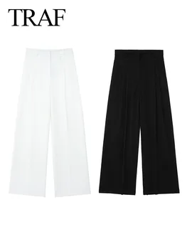 Traf 2024 Vrouw Casual Vintage Plooien Zijzakken Versieren Slanke Lange Broek Vrouwen Stevige Hoge Taille Rits Wijde Pijpen