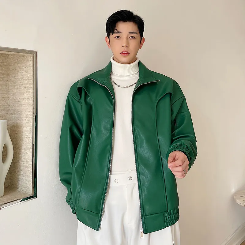 Spring and Autumn Street Style Men's Short Stand Collar Green PU Leather Jacket Korean Version Loose Casual Cool Black Coat