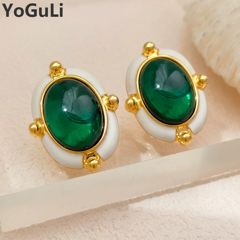 Retro Jewelry Elegant Temperament Green Resin Earrings For Women Gift Vintage Style Big Oval Ear Accessores