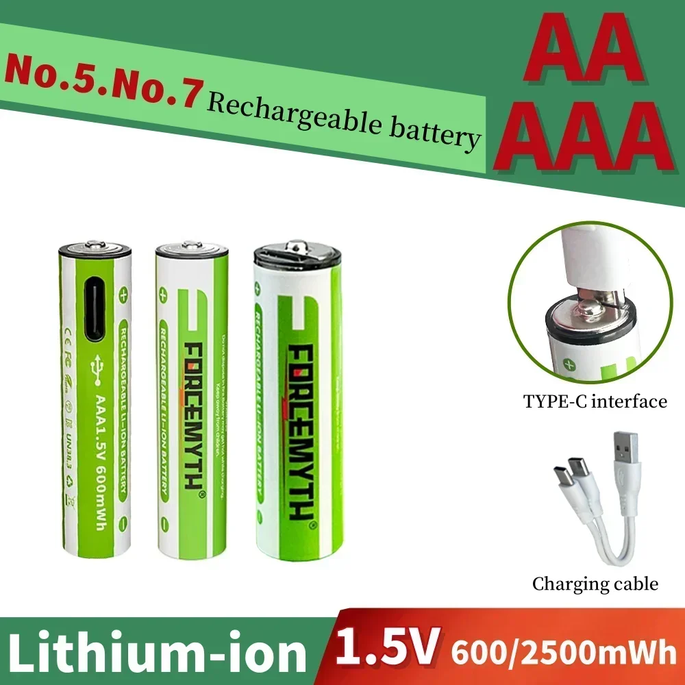 1.5V 600mWh No.7 AAA Rechargeable Lithium No.5 2500mWh AA Battery with 2 in 1 USB Charging Cable,Suit for Remote Control Mouse S