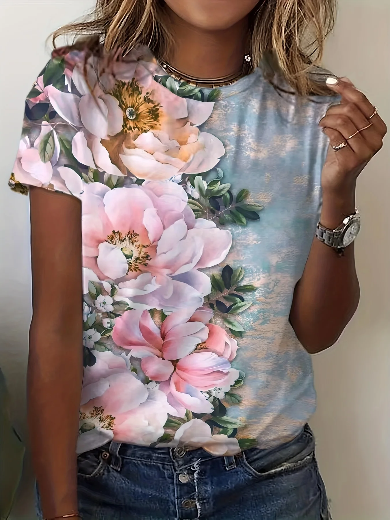 

Women's summer round neck elegant temperament t-shirt breathable short-sleeved floral pattern top loose casual ladies t-shirt