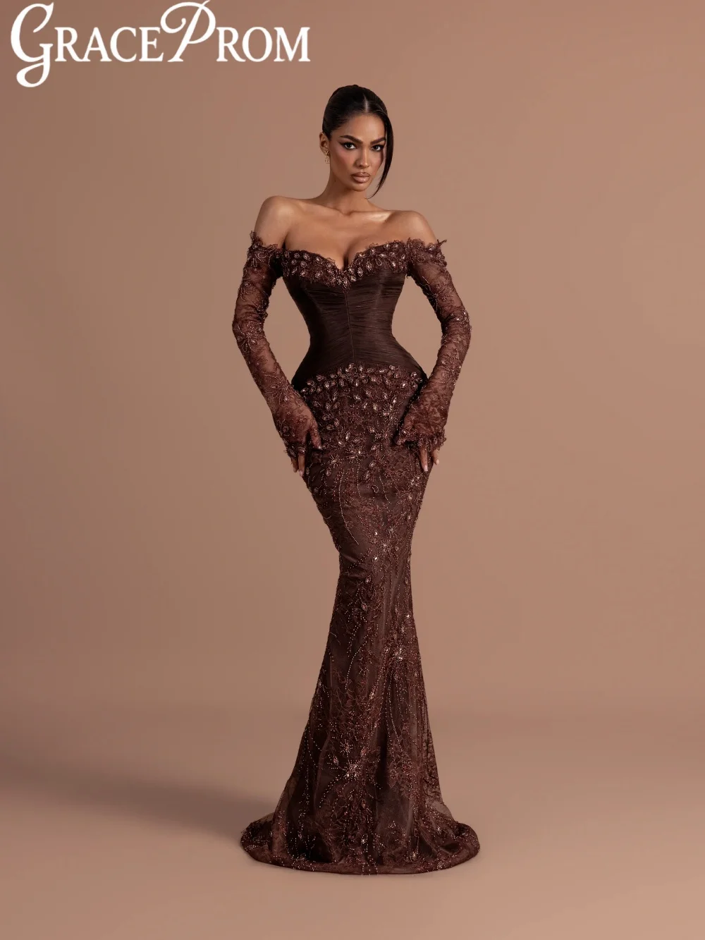 

Stylish Beaded Lace Evening Dress Pleated Brown Off Shoulder Wedding Party Gowns New Customized Gorgeous Mermaid Banquet Gowns