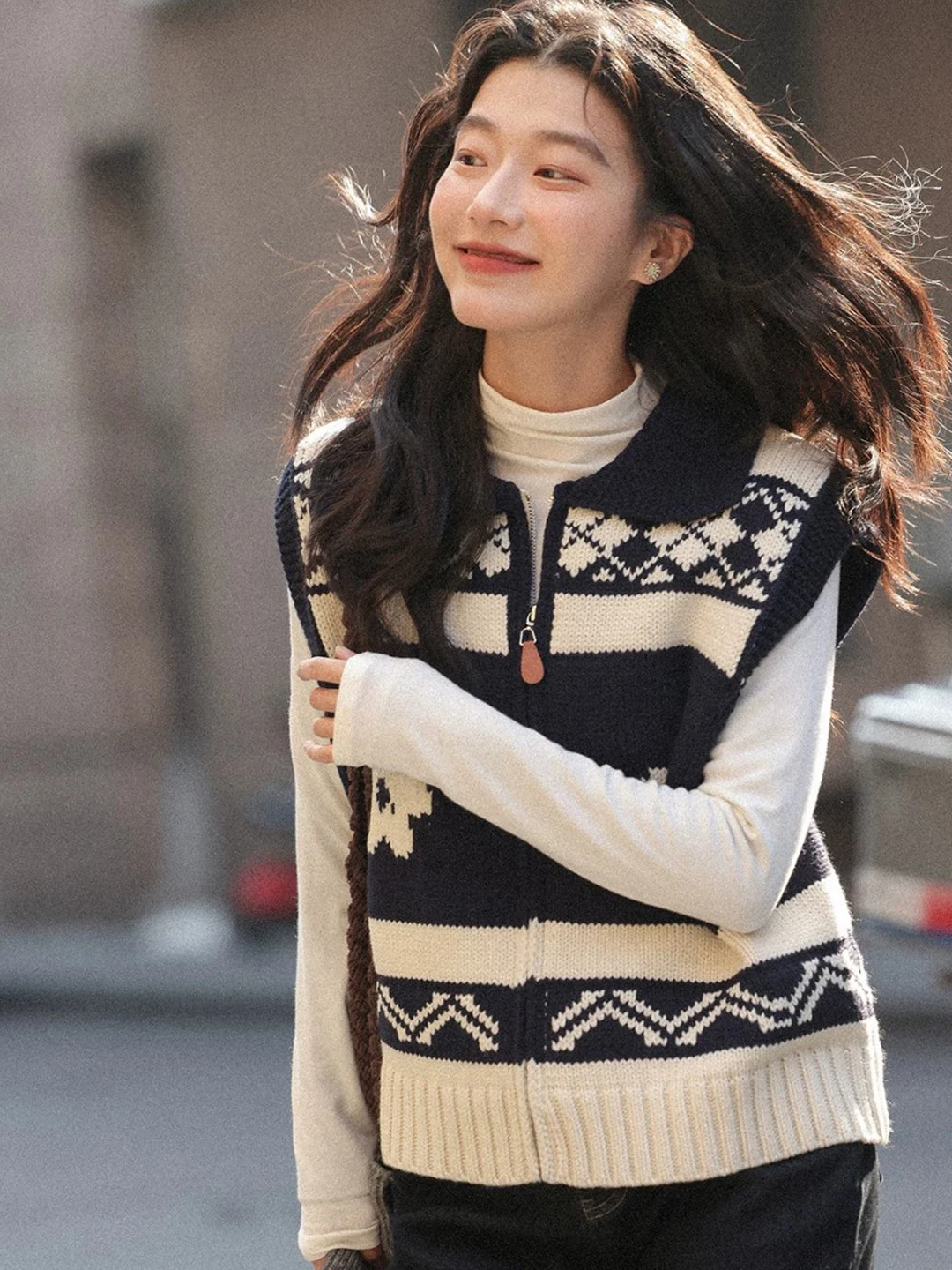 Color Block Knitted Zipper Sweater Vest Women Spring Autumn Loose Fit Layering Collared Thermal Polyester Acrylic Nylon