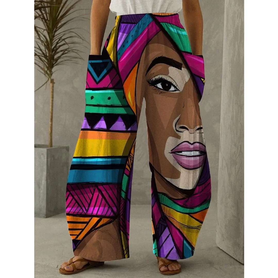 Summer Retro African Face Print Pants Streetwear Women Oversize Trousers Y2k Clothes Pants Female Clothing Personality Overall