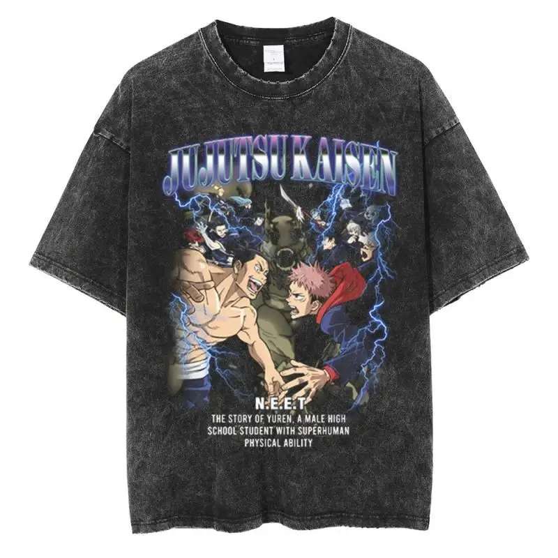 

Fashion BANDAI Jujutsu Kaisen Spell Back To Fight Five Knotweed Black T-shirt Washed with Pure Cotton Around B Bone Youtai