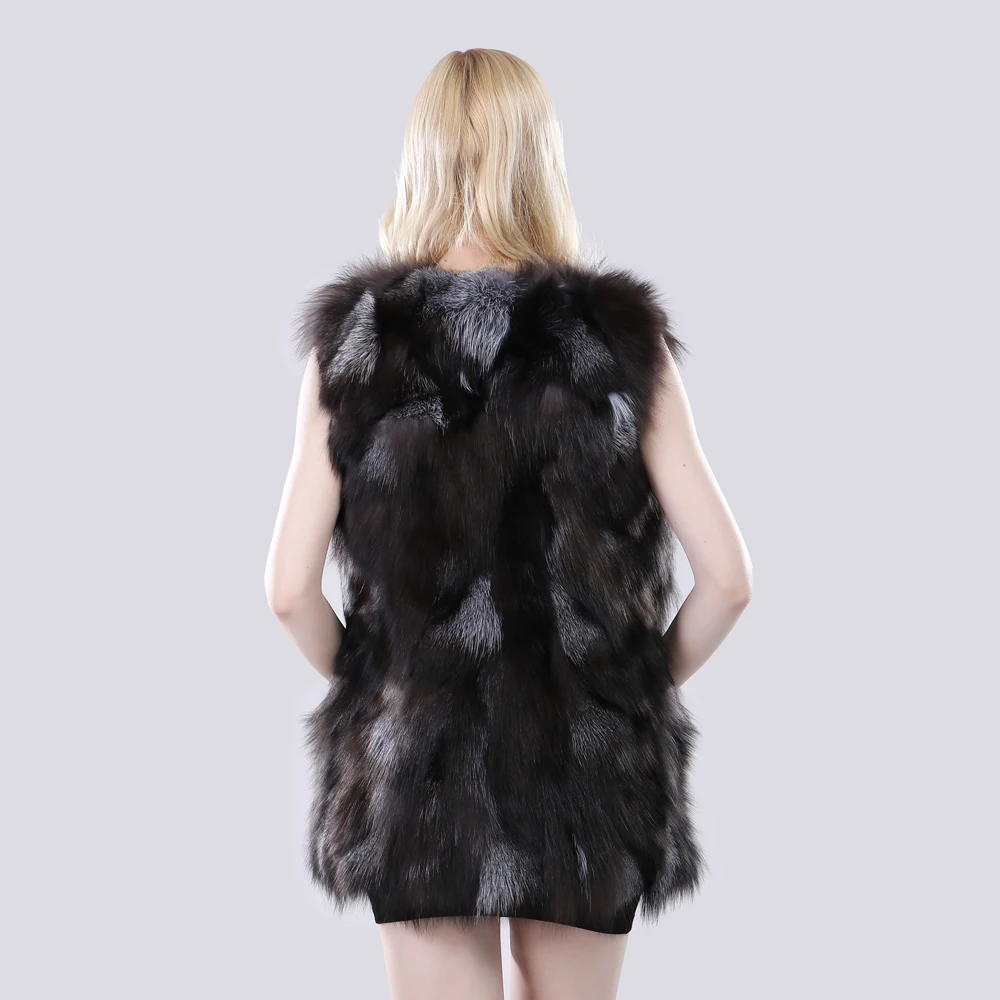 New Style Women Winter Long 100% Genuine Silver Fox Fur Vest Natural Soft Fox Fur Gilet Lady Warm Real Fox Fur Sleeveless Jacket