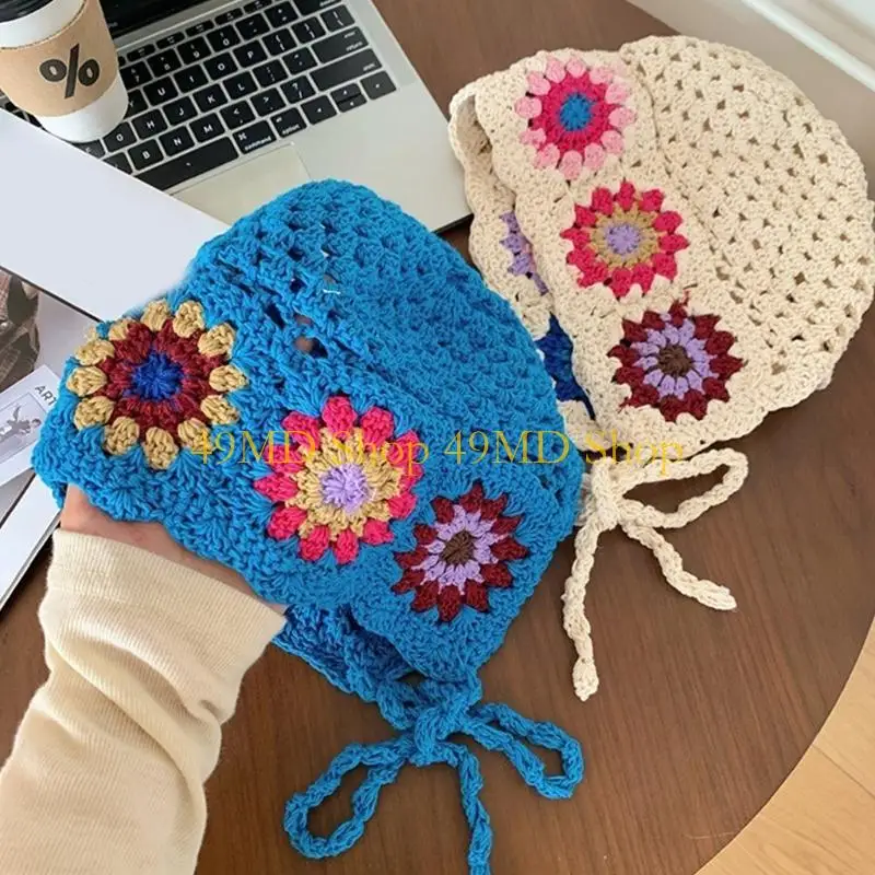 49MD Outdoor Dustproof Teens Hat with Adjustable Chin Rope Elastic Crochet Flower Hat Adult Camping Skiing Hat