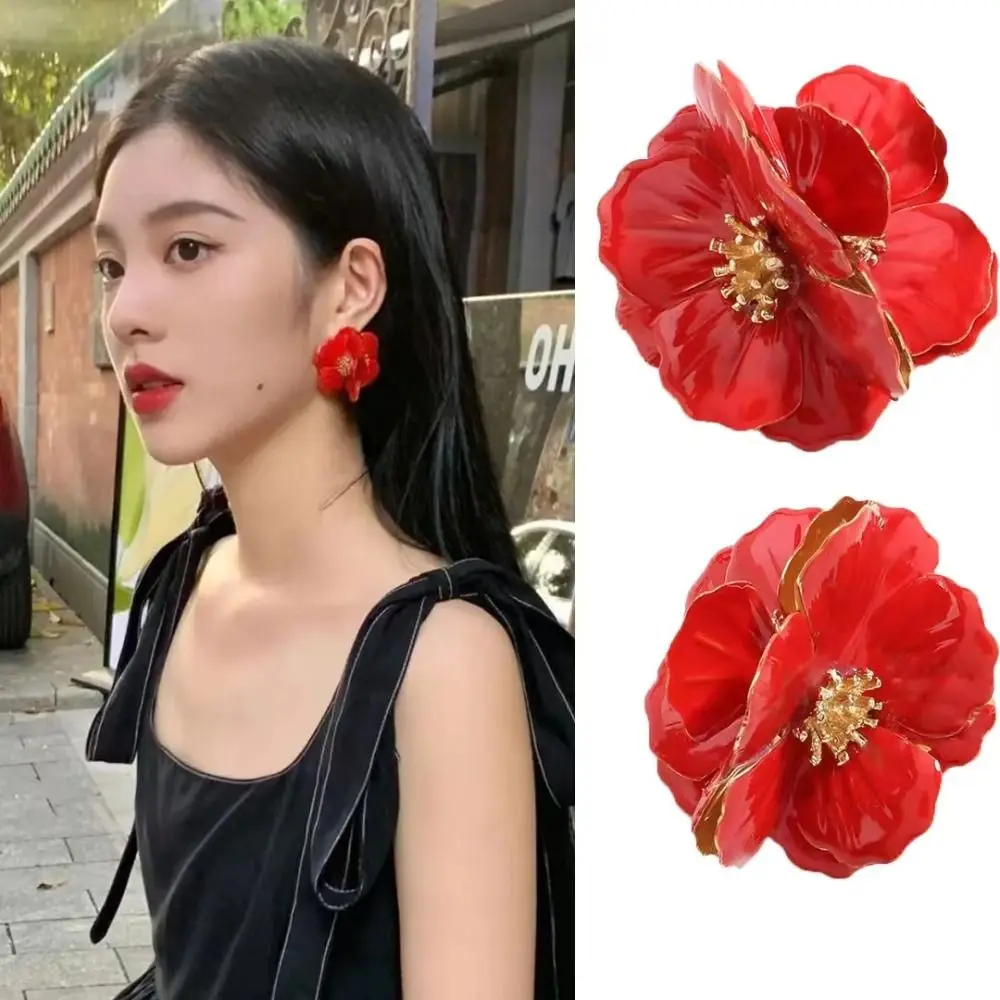 Pendientes de flores francesas de moda, pendientes de pétalos bohemios Vintage, pendientes de pétalos rojos de flor 3D, pendientes de tuerca para mujeres y niñas