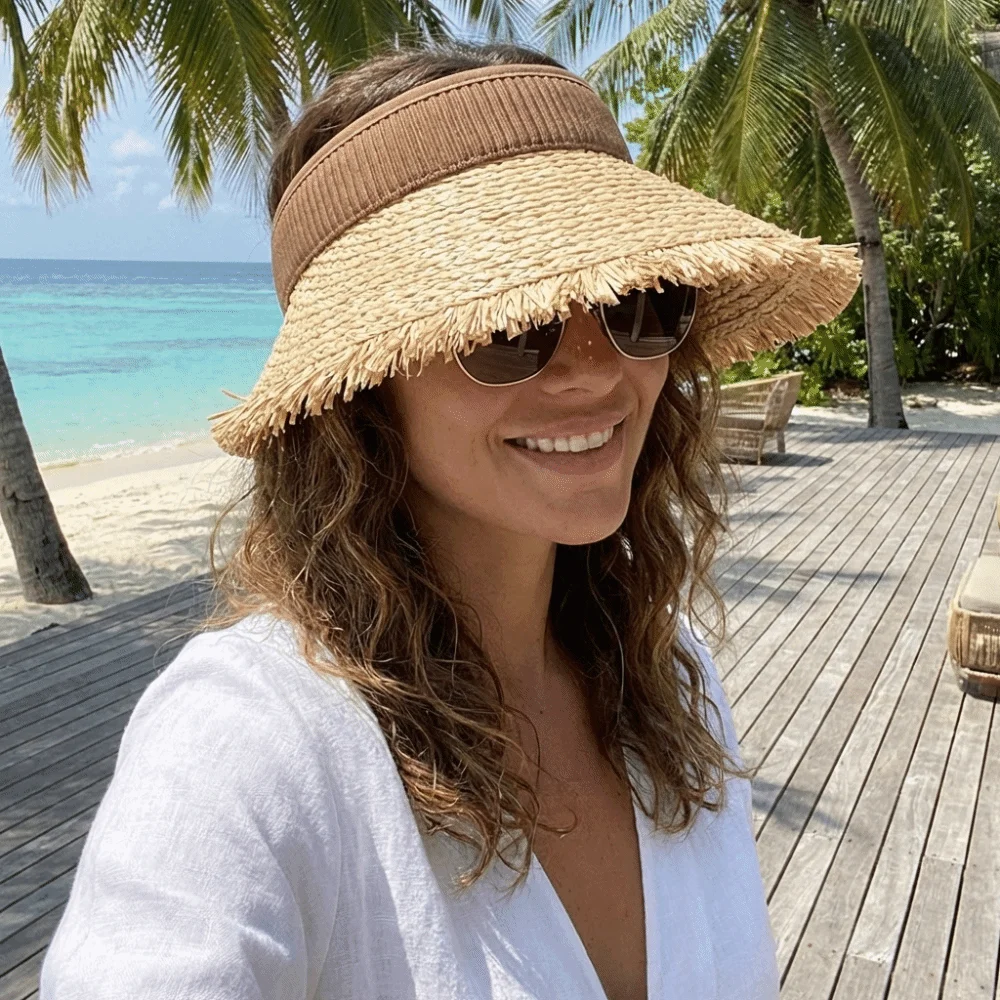 

Woven Straw Visor Cap Hollow Sunscreen Empty Top Hat Adjustable Big Head Circumference Summer Sun Cap Outdoor