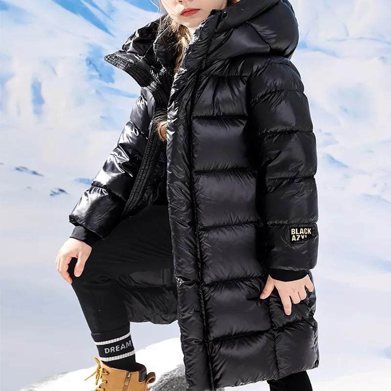 Детское пальто с капюшоном, длинное черно-золотистое утепленное хлопковое пальто, зимнее пальто до колена для детей, куртка из искусственного пуха для мальчиков и девочек