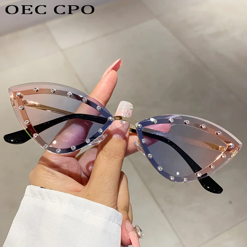 

Diamonds Rimless Women Sunglasses Fashion Brand Designer Frameless Sun Glasses Female Vintage Cat Eye Shades UV400 Eyewear