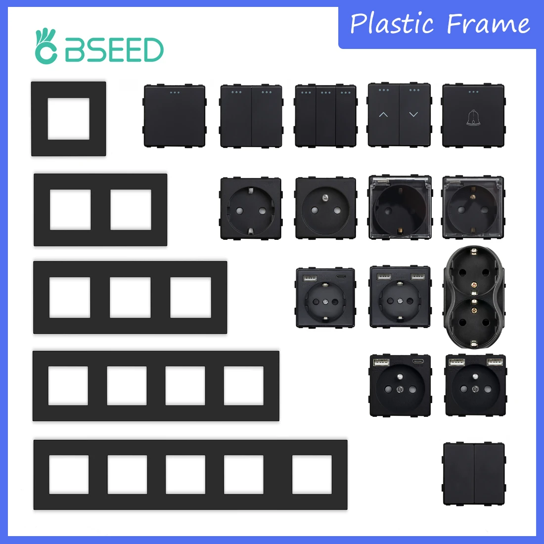 BSEED EU/FR Wall Power Socket USB Plug 1/2/3Gang Mechanical Switches Function Parts Matte Plastic Frames Free Combination Black