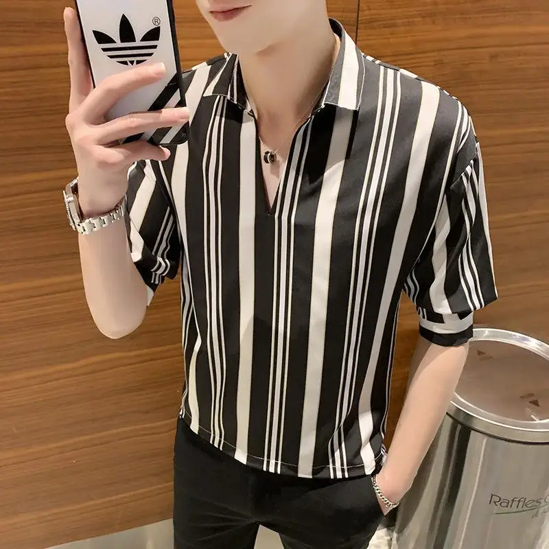 T-Shirts  Striped Elbow Sleeve Pullovers Simplicity Man Spring Summer Thin Handsome2023 Men\'s Clothing Turn-down Collar Casual