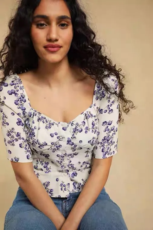 

Новая летняя женская хлопковая блузка Slim Fit с цветочным принтом, французским квадратным воротником и коротким рукавом в стиле кантри