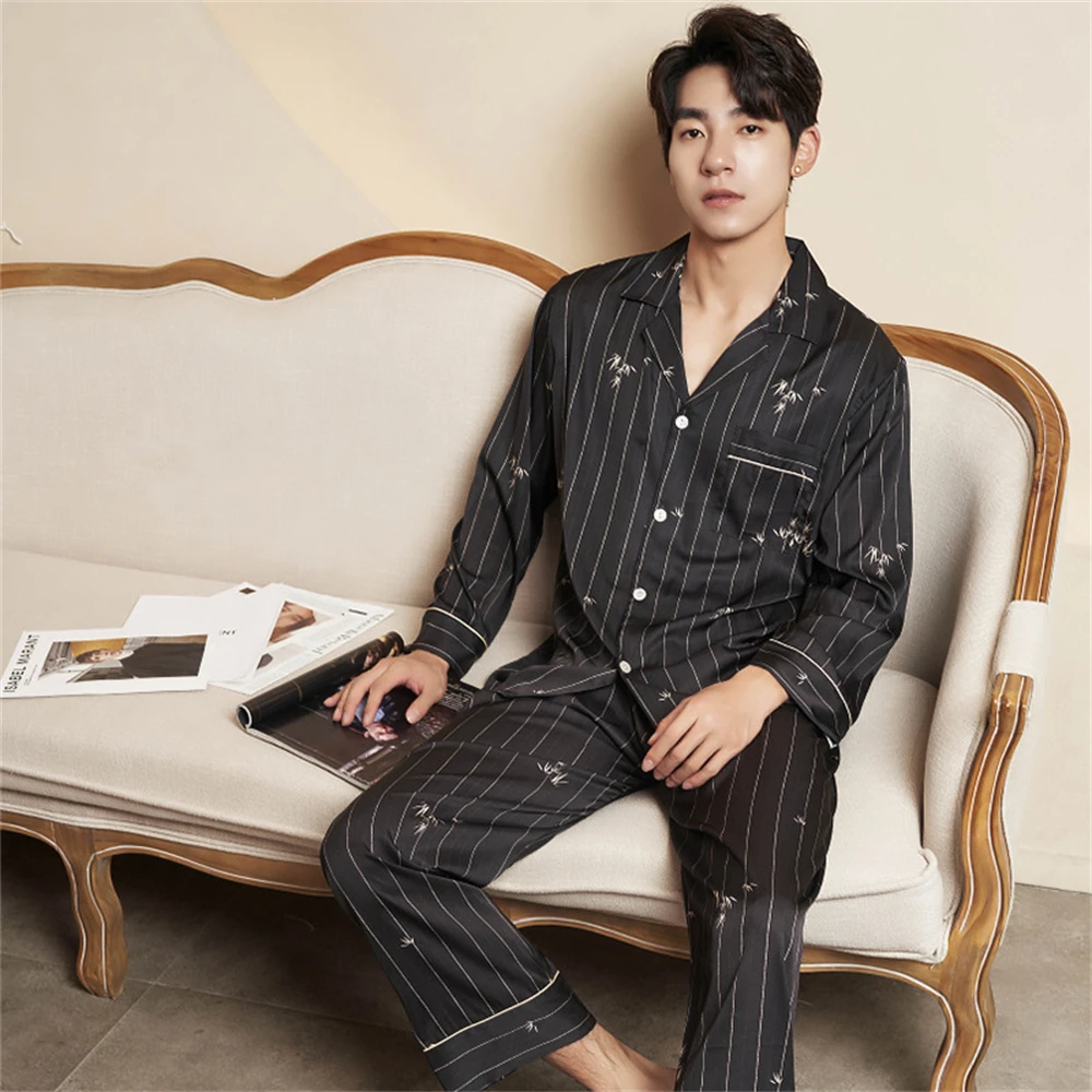 2024 New Pajamas Men's Bamboo Printed Striped Long-sleeved Pants Sleepwear Suit  Spring Summer Black Silky Two-piece Loungewear