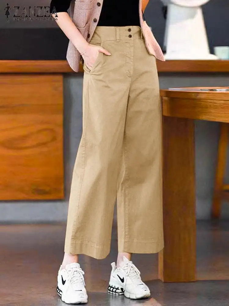 

ZANZEA Vintage Loose Wide Leg Trousers Korean Office Straight Long Pants Women Summer Solid Double Buckle Mid-rise Pantalon 2024