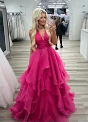 Off-the-shoulder V-neck Tiered Ruffles Prom Dresses Pleated Corset Sleeveless Evening Gown Chiffon A-line Long Formal Ball Gowns